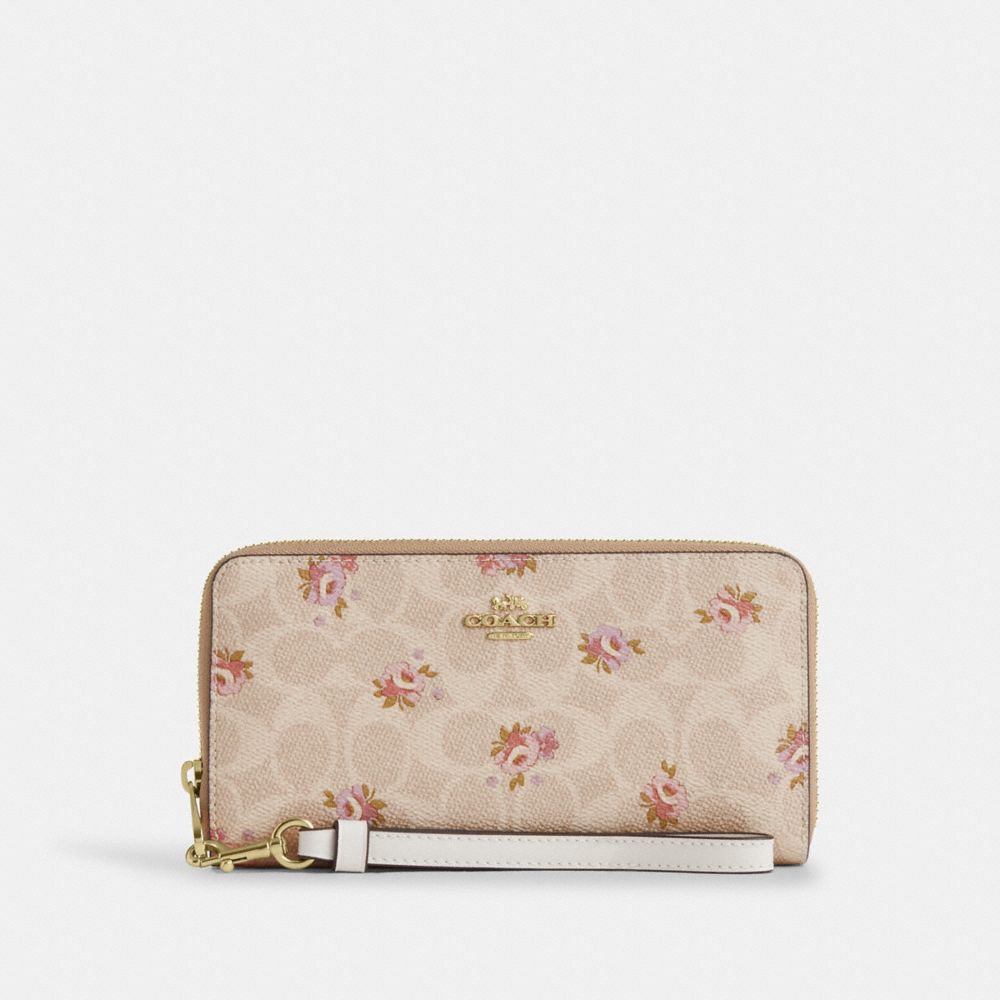 Coach Long Zip Around Wallet In Signature Canvas With Floral Print Gold Sand Multi