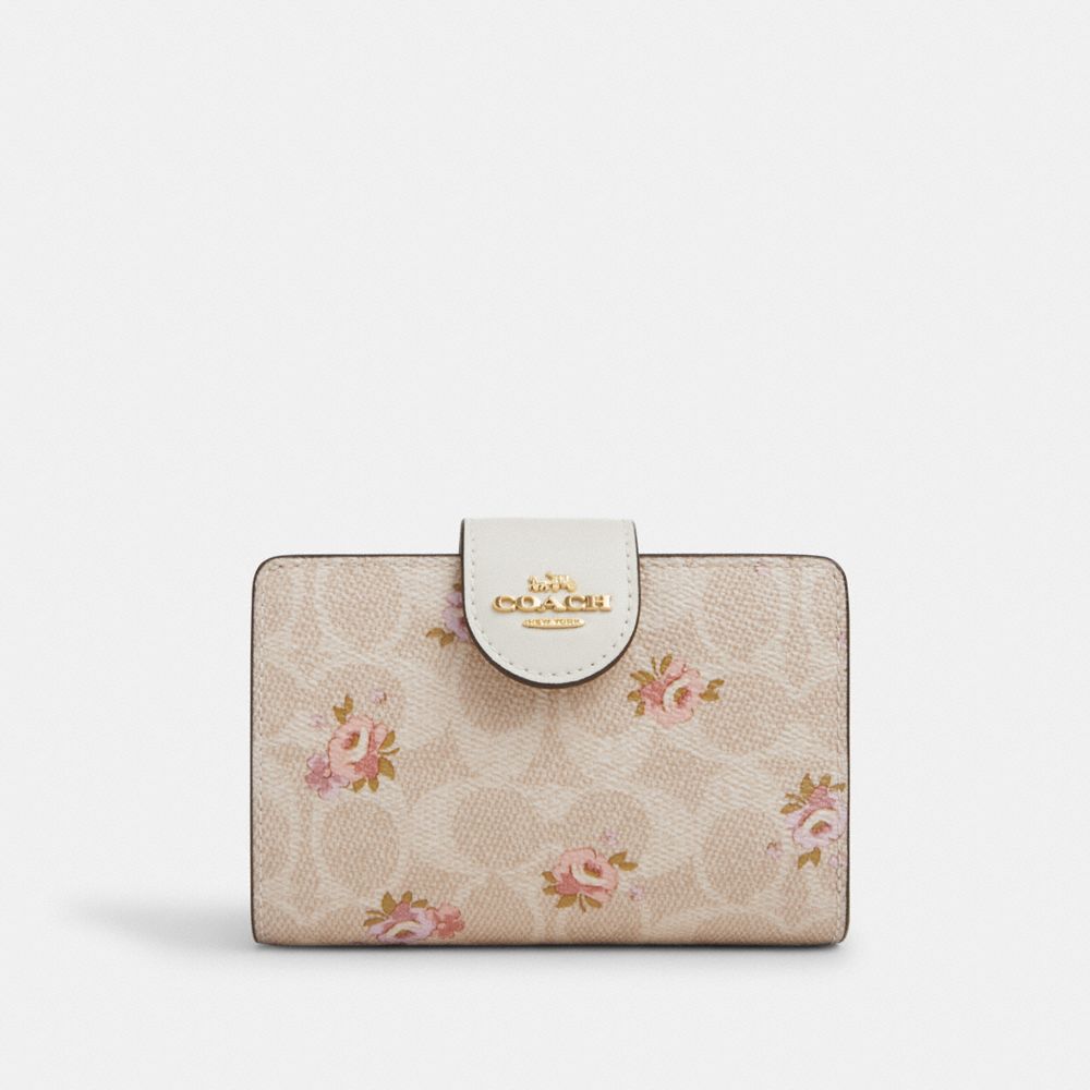Coach Medium Corner Zip Wallet In Signature Canvas With Floral Print Gold Sand Multi