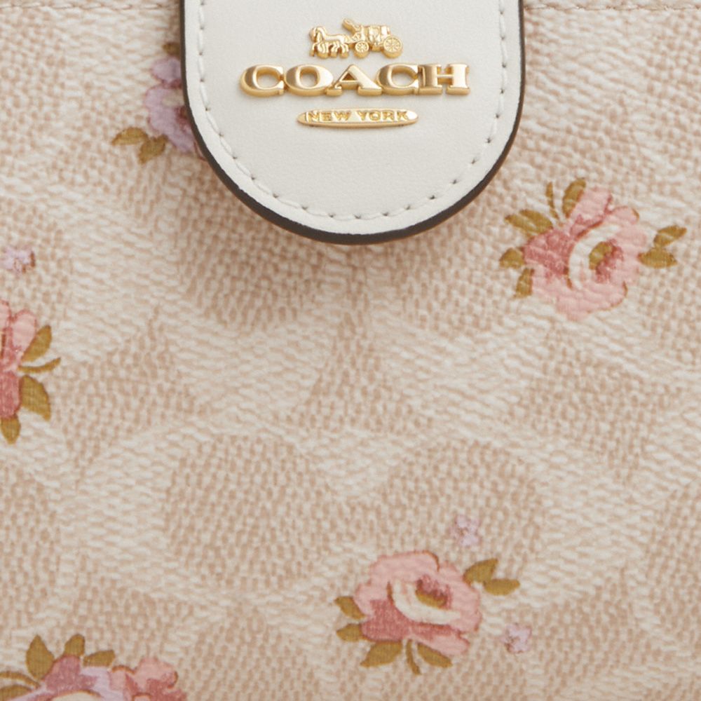 Coach Medium Corner Zip Wallet In Signature Canvas With Floral Print Gold Sand Multi