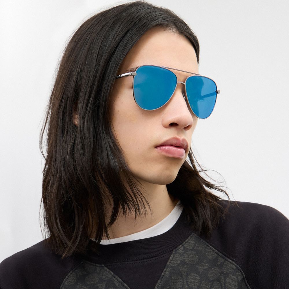 Coach C Hardware Metal Pilot Sunglasses Silver Blue
