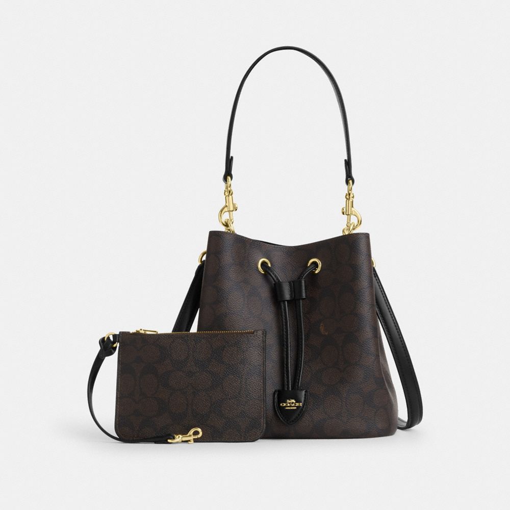Coach Rowan Bucket Bag In Signature Canvas Gold Walnut Black