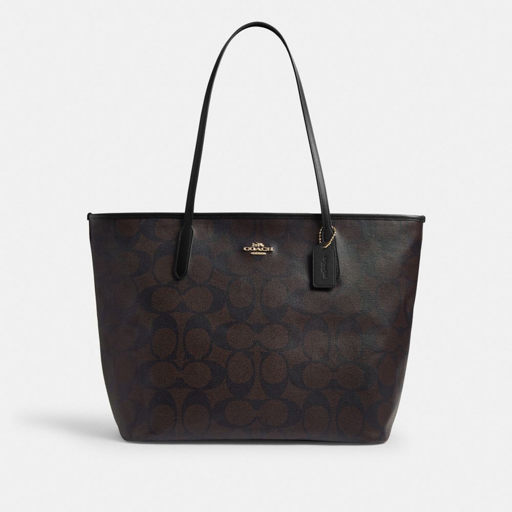 Coach Large City Tote Bag In Maxi Signature Canvas Gold Walnut Black