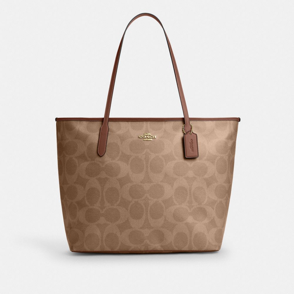 Coach Large City Tote Bag In Maxi Signature Canvas Gold Tan Brown