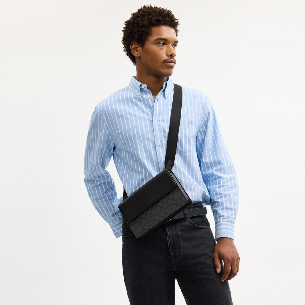 Coach Turner Flap Crossbody Bag In Signature Canvas Gunmetal Charcoal Black