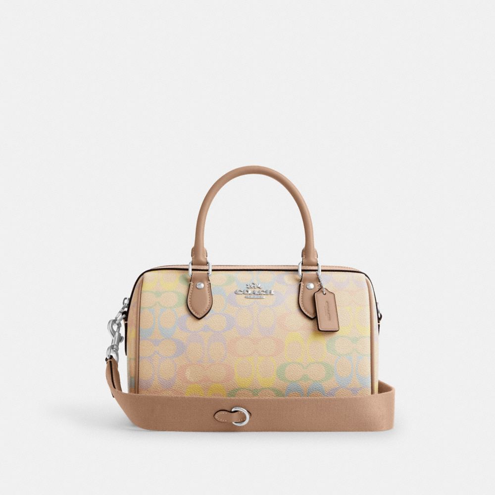 Coach Rowan Satchel Bag In Rainbow Signature Canvas Silver