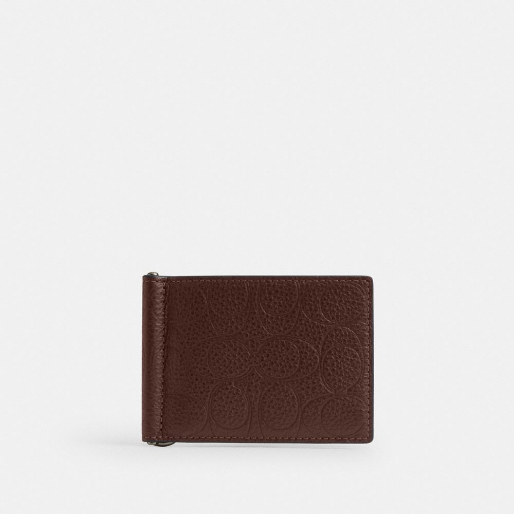 Coach Slim Money Clip Billfold Wallet In Signature Leather Gunmetal Maple