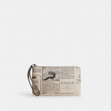 Coach Large Corner Zip Wristlet With Newspaper Print Silver Chalk Multi