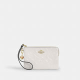 Coach Corner Zip Wristlet In Signature Leather With Heart Charm Gold Chalk