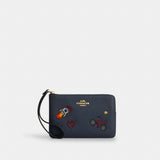 Coach Corner Zip Wristlet Gold Dark Denim