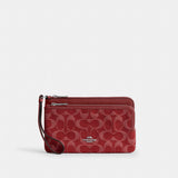 Coach Double Zip Wallet In Signature Denim Silver True Red