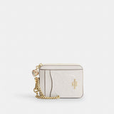 Coach Zip Card Case In Signature Leather With Heart Charm Gold Chalk
