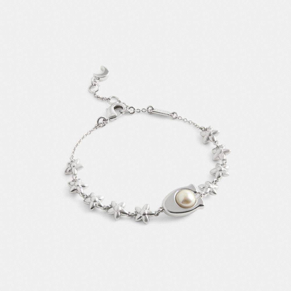 Coach Wildflower Chain Signature Linear Bracelet Silver Pearl