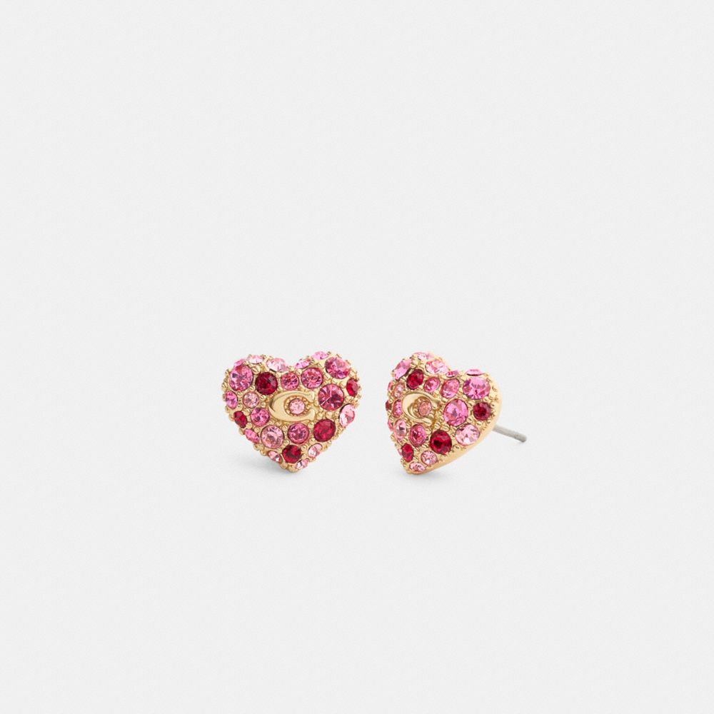 Coach Pavé Heart Stud Earrings Gold Pink