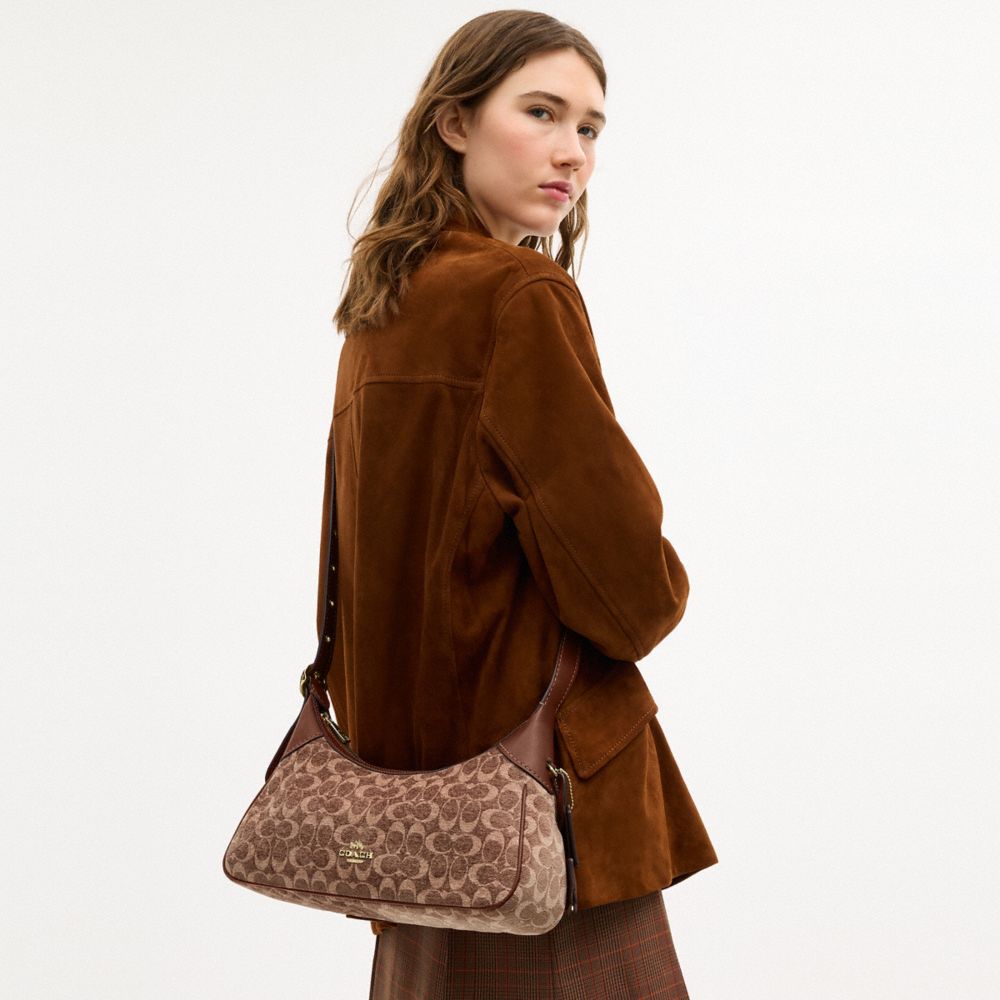 Coach Ella Small Shoulder Bag In Signature Chenille Gold Light Khaki Vintage Brown