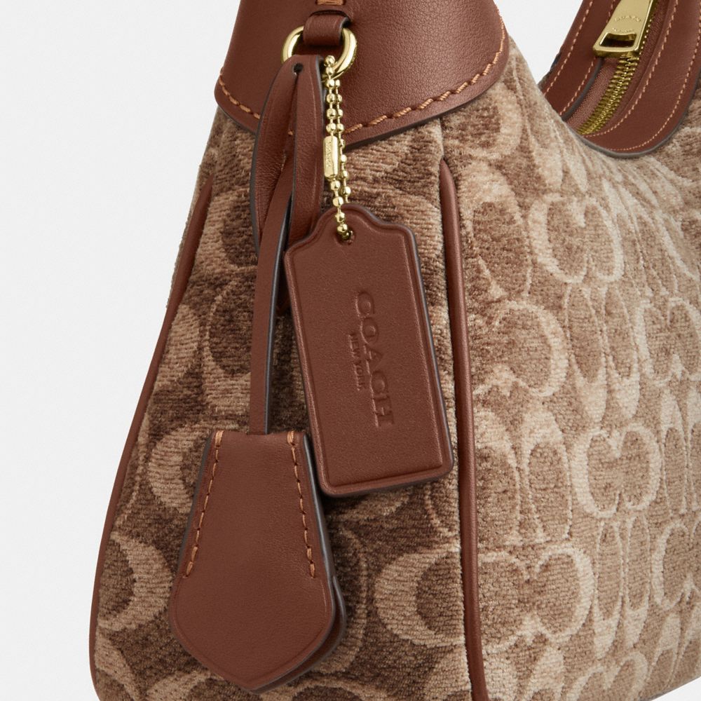 Coach Ella Small Shoulder Bag In Signature Chenille Gold Light Khaki Vintage Brown