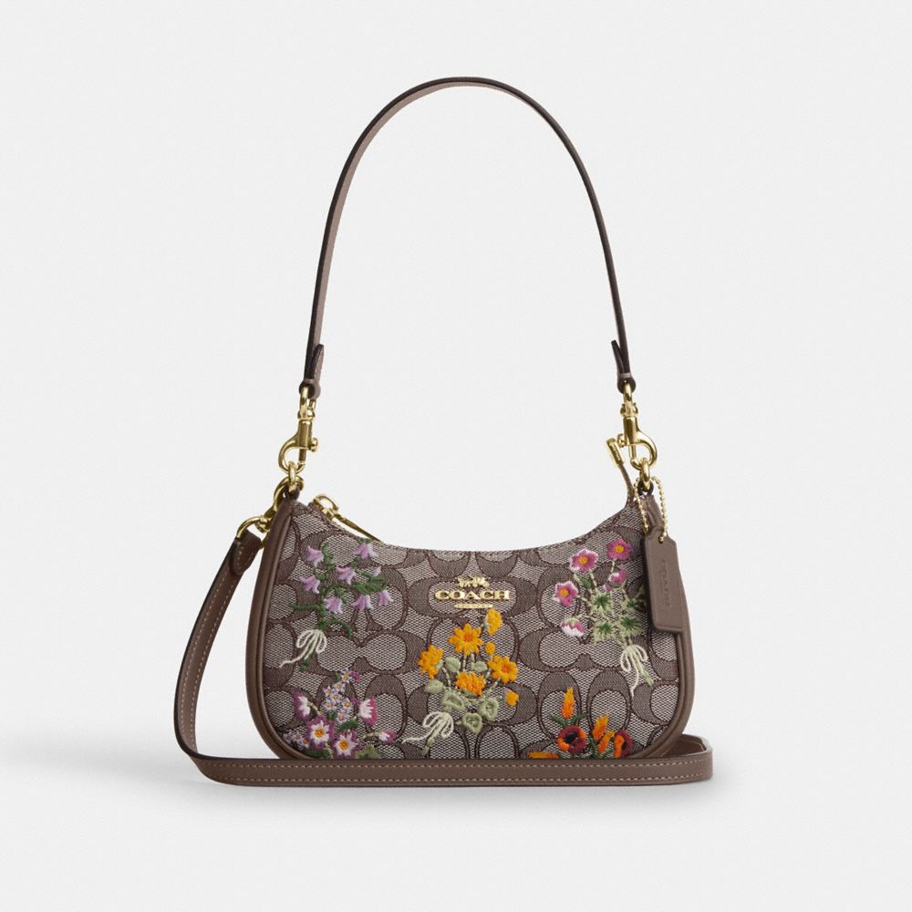 Coach Teri Mini Crossbody Bag In Signature Jacquard With Floral Embroidery Gold Oak Multi