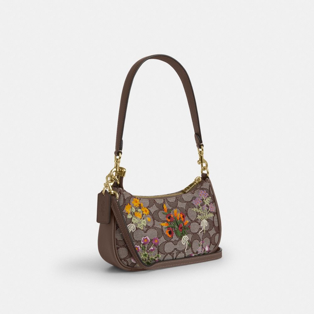 Coach Teri Mini Crossbody Bag In Signature Jacquard With Floral Embroidery Gold Oak Multi