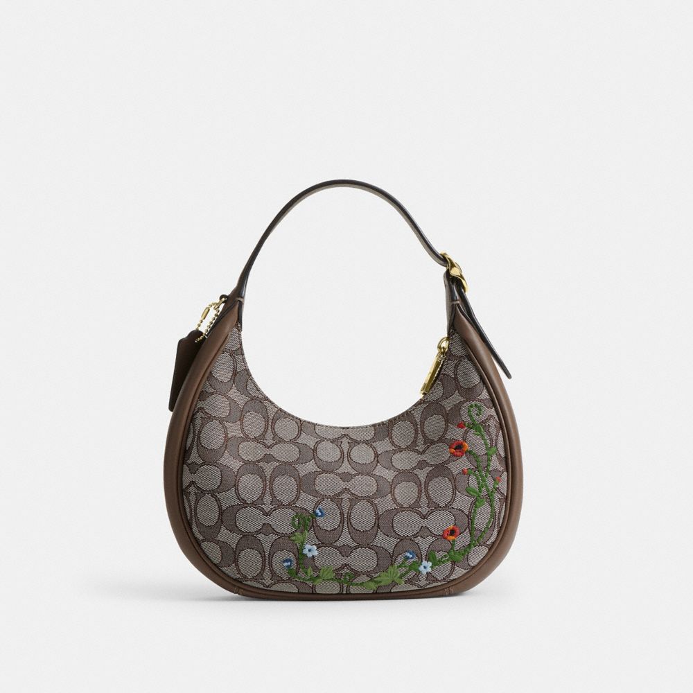 Coach Emily Shoulder Bag In Signature Jacquard With Floral Embroidery Gold Oak Multi