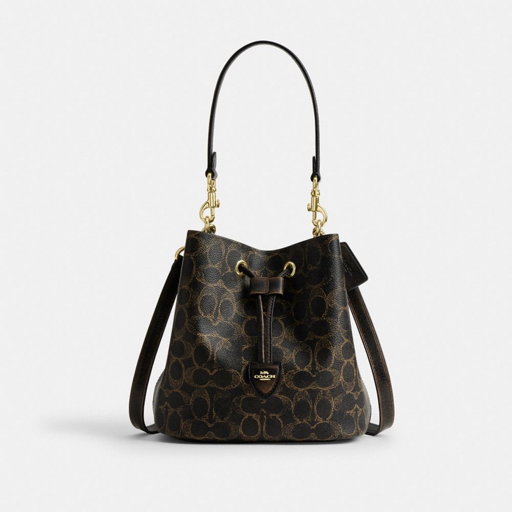 Coach Rowan Bucket Bag In Loved Signature Canvas With Charms Gold Brown