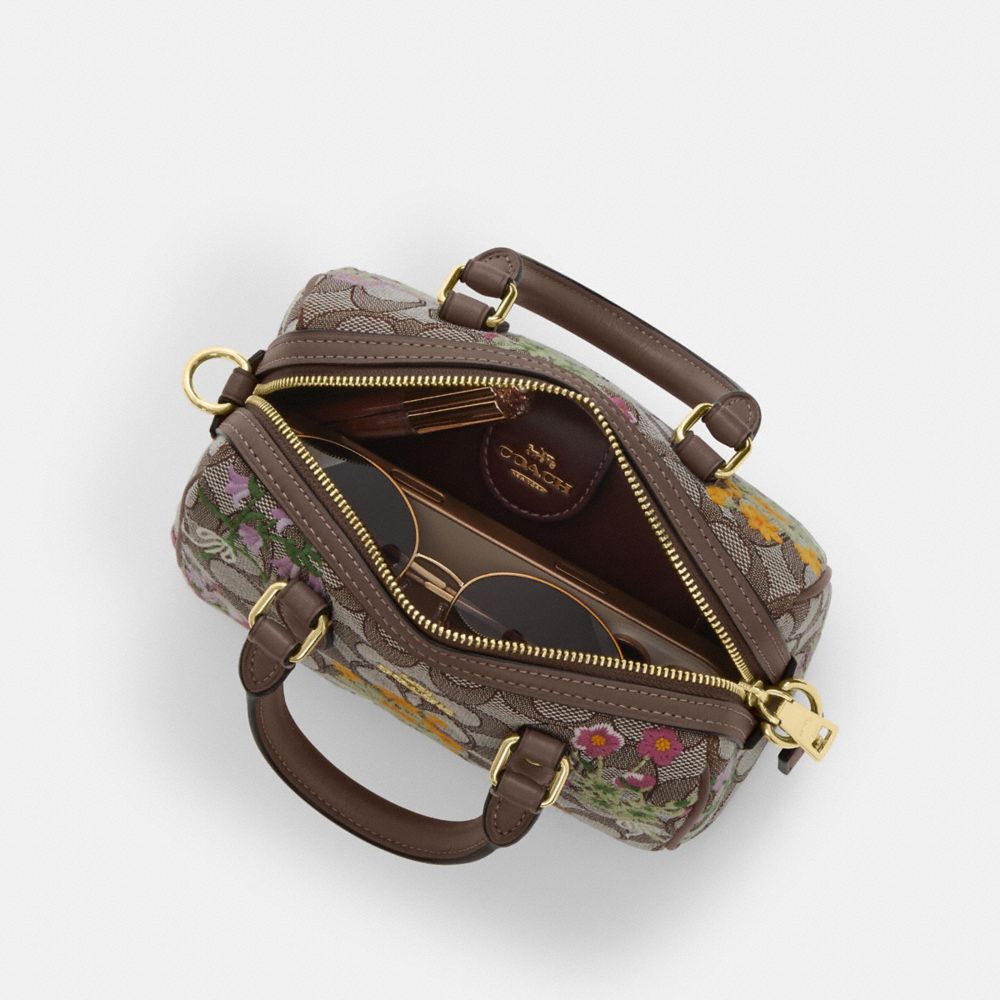 Coach Mini Rowan Crossbody Bag In Signature Jacquard With Floral Embroidery Gold Oak Multi