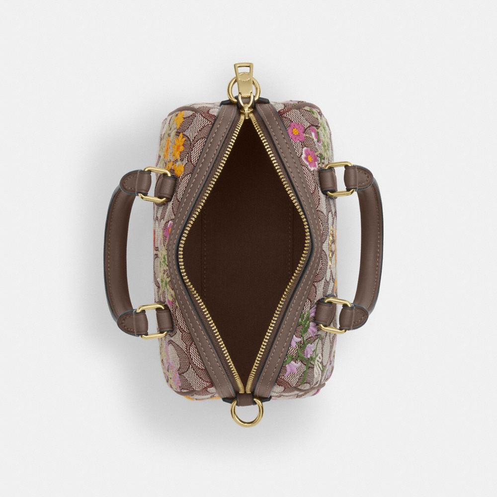 Coach Mini Rowan Crossbody Bag In Signature Jacquard With Floral Embroidery Gold Oak Multi