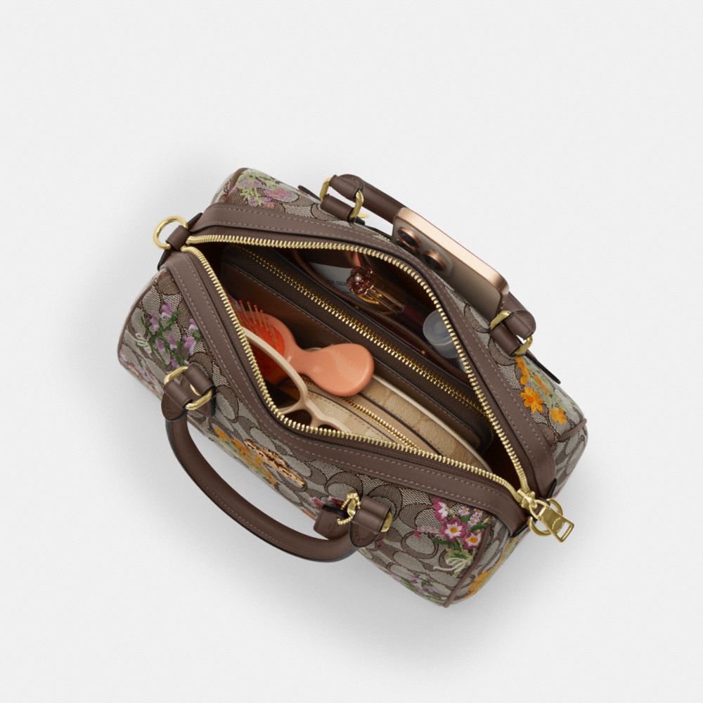 Coach Rowan Satchel Bag In Signature Jacquard With Floral Embroidery Gold Oak Multi