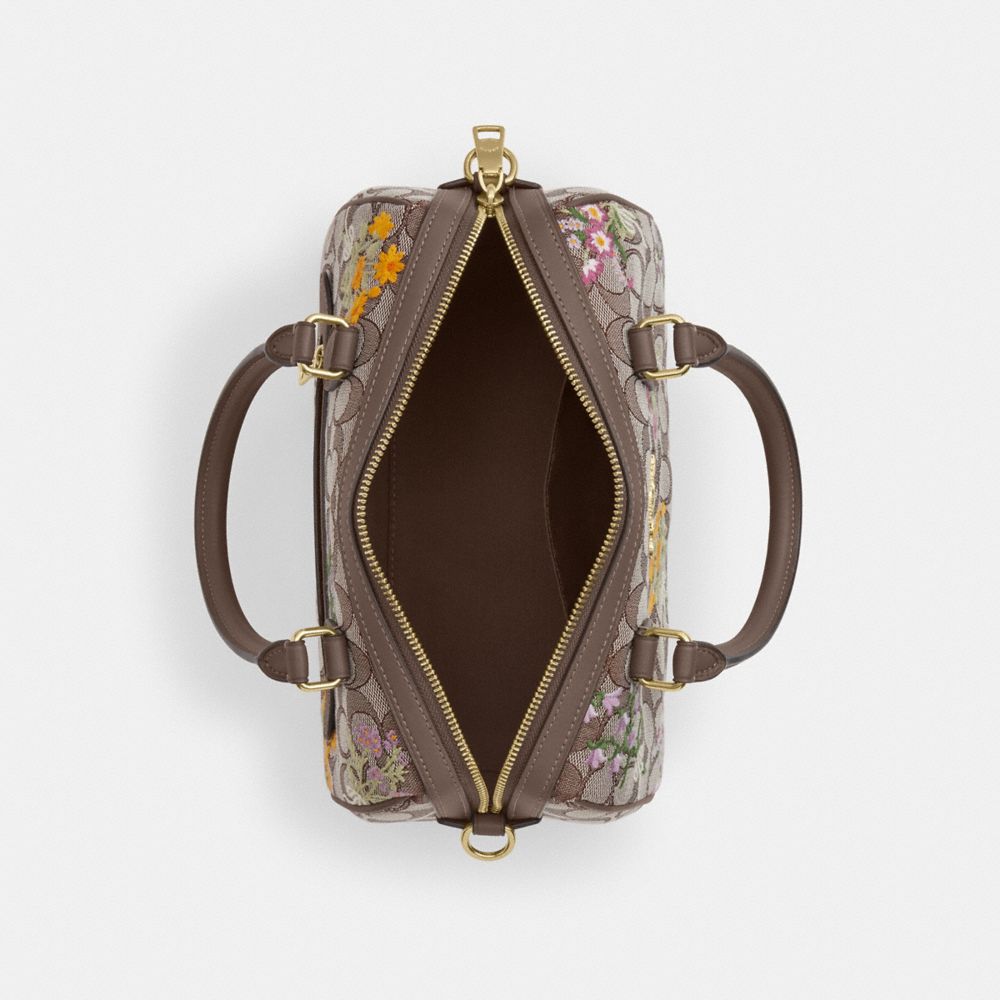 Coach Rowan Satchel Bag In Signature Jacquard With Floral Embroidery Gold Oak Multi