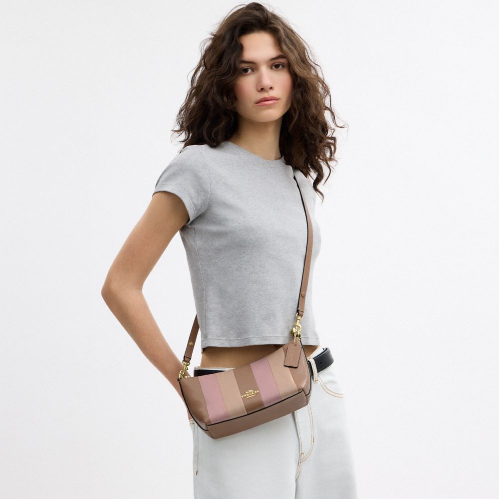 Coach Caitlin Shoulder Bag With Striped Patchwork Gold Taupe Multi