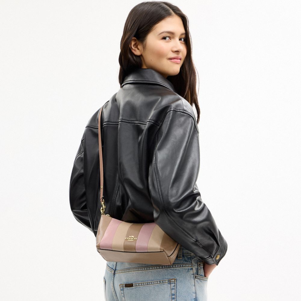 Coach Caitlin Shoulder Bag With Striped Patchwork Gold Taupe Multi
