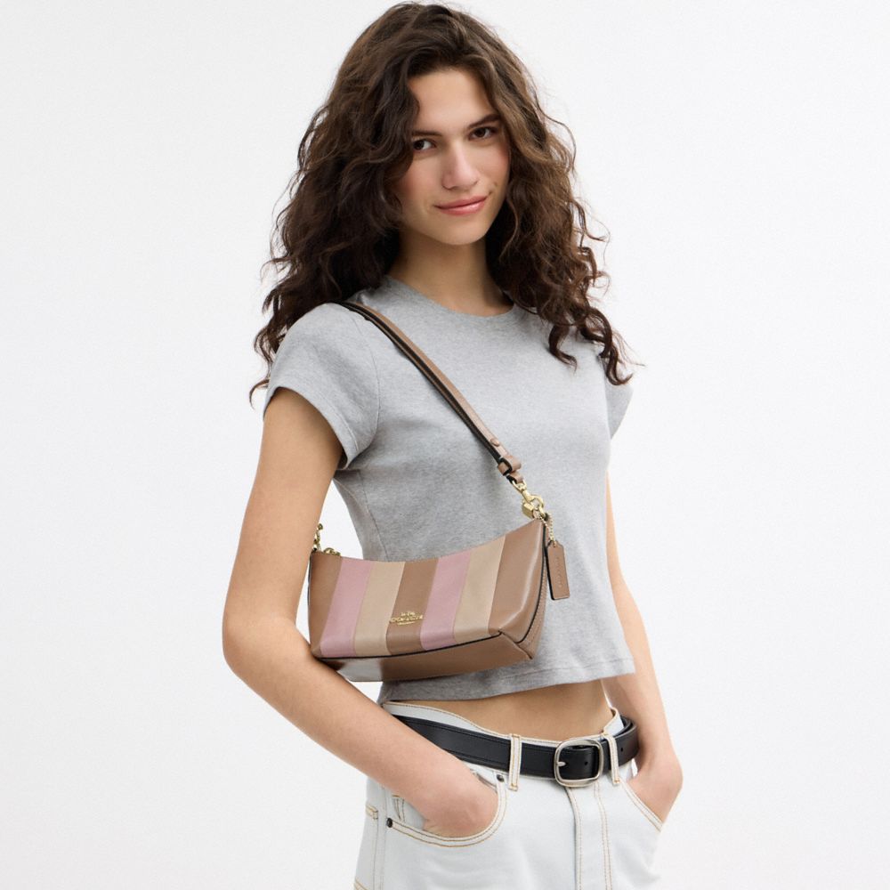 Coach Caitlin Shoulder Bag With Striped Patchwork Gold Taupe Multi