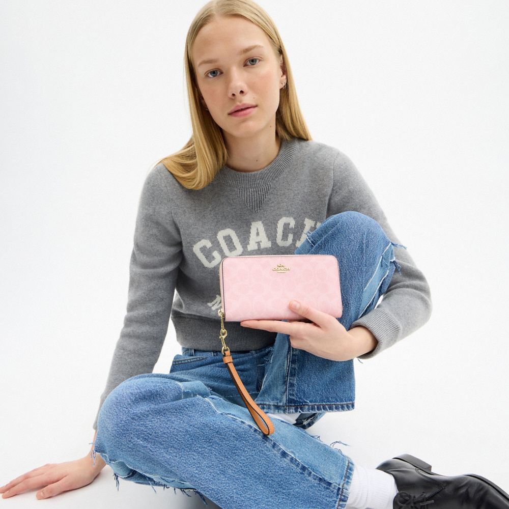 Coach Long Zip Around Wallet In Signature Canvas Gold Powder Pink