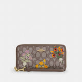 Coach Long Zip Around Wallet In Signature Jacquard With Floral Embroidery Gold Oak Multi