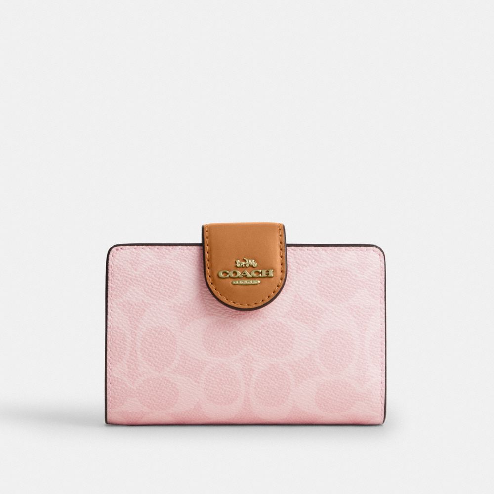 Coach Medium Corner Zip Wallet In Signature Canvas Gold Powder Pink