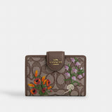 Coach Medium Corner Zip Wallet In Signature Jacquard With Floral Embroidery Gold Oak Multi