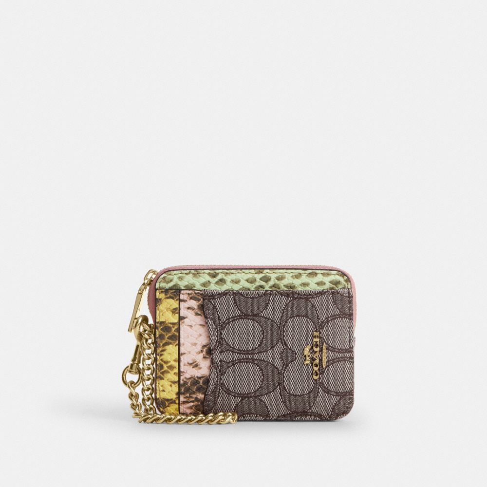 Coach Zip Card Case In Signature Jacquard Gold Oak Multi