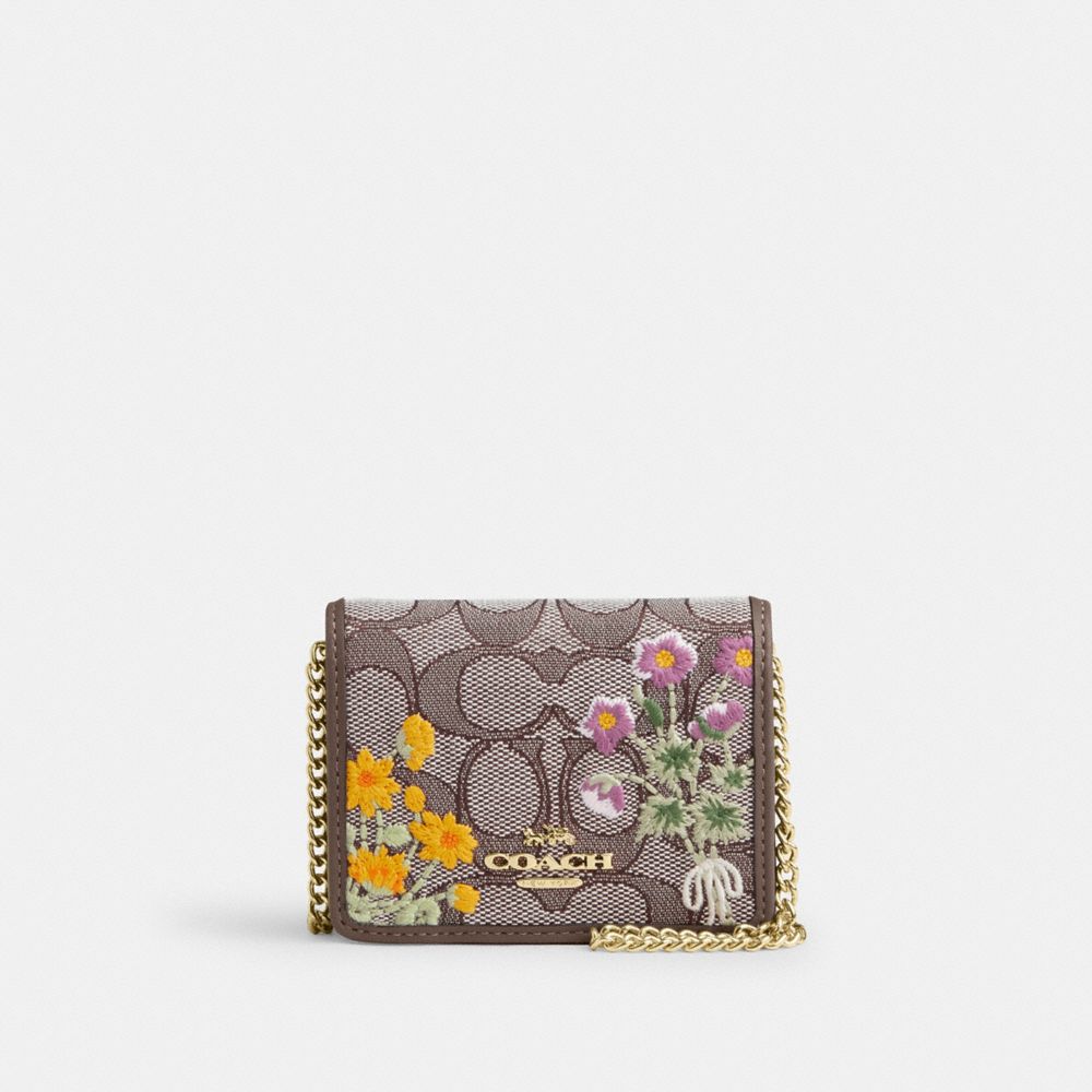 Coach Mini Wallet On A Chain In Signature Jacquard With Floral Embroidery Gold Oak Multi
