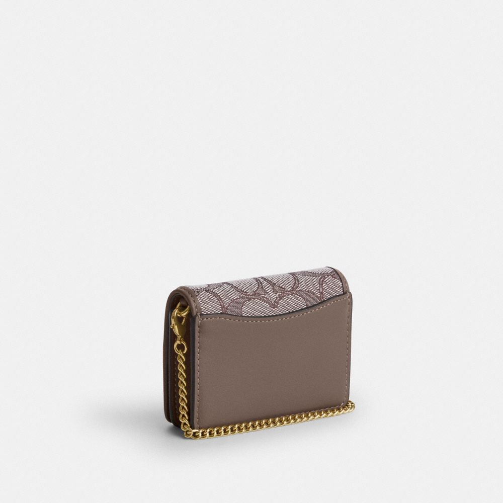 Coach Mini Wallet On A Chain In Signature Jacquard With Floral Embroidery Gold Oak Multi