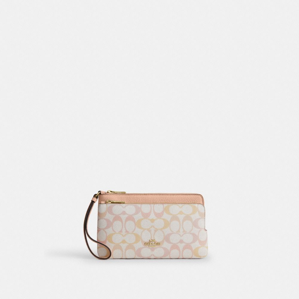 Coach Double Zip Wristlet In Signature Canvas Gold Chalk Pink