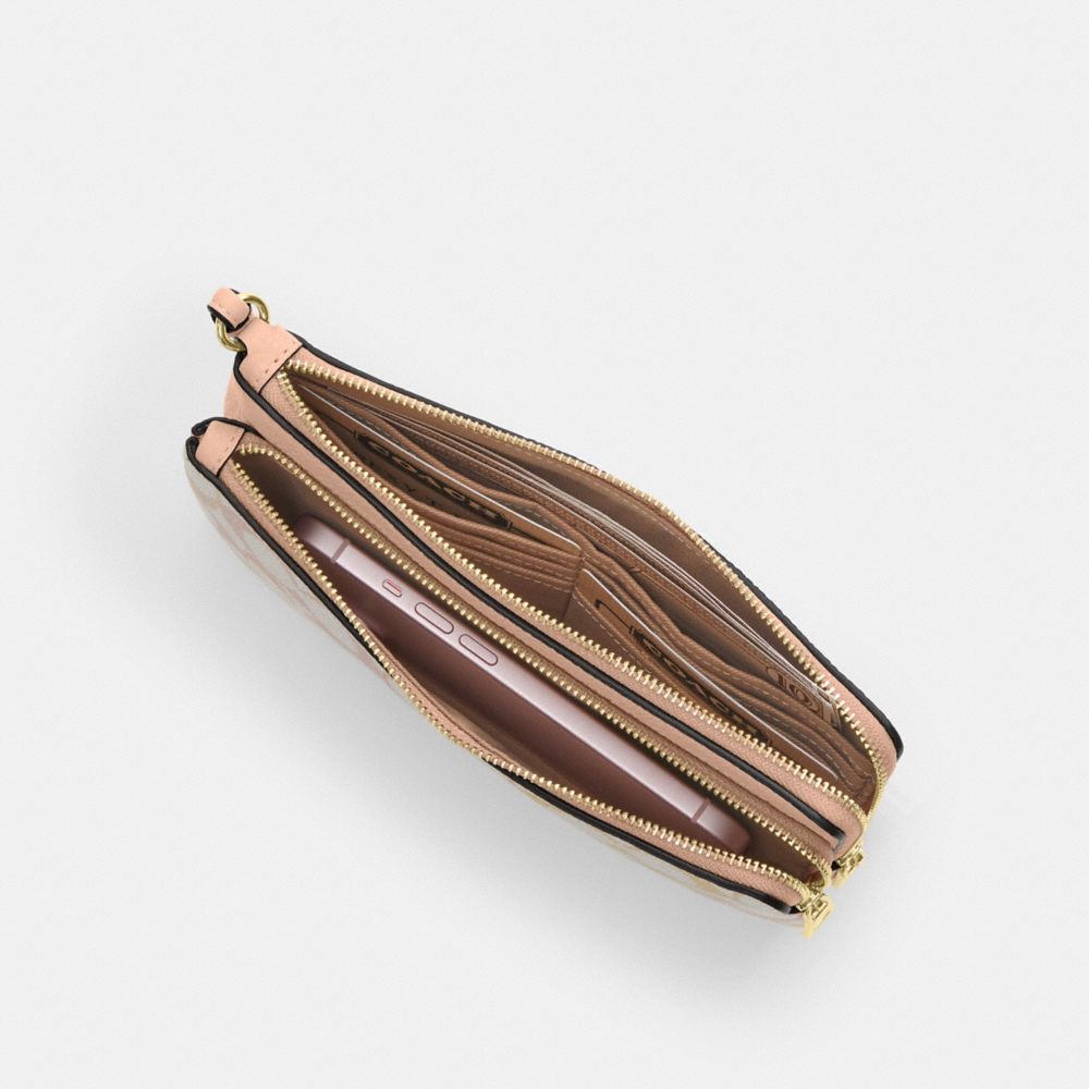 Coach Double Zip Wristlet In Signature Canvas Gold Chalk Pink