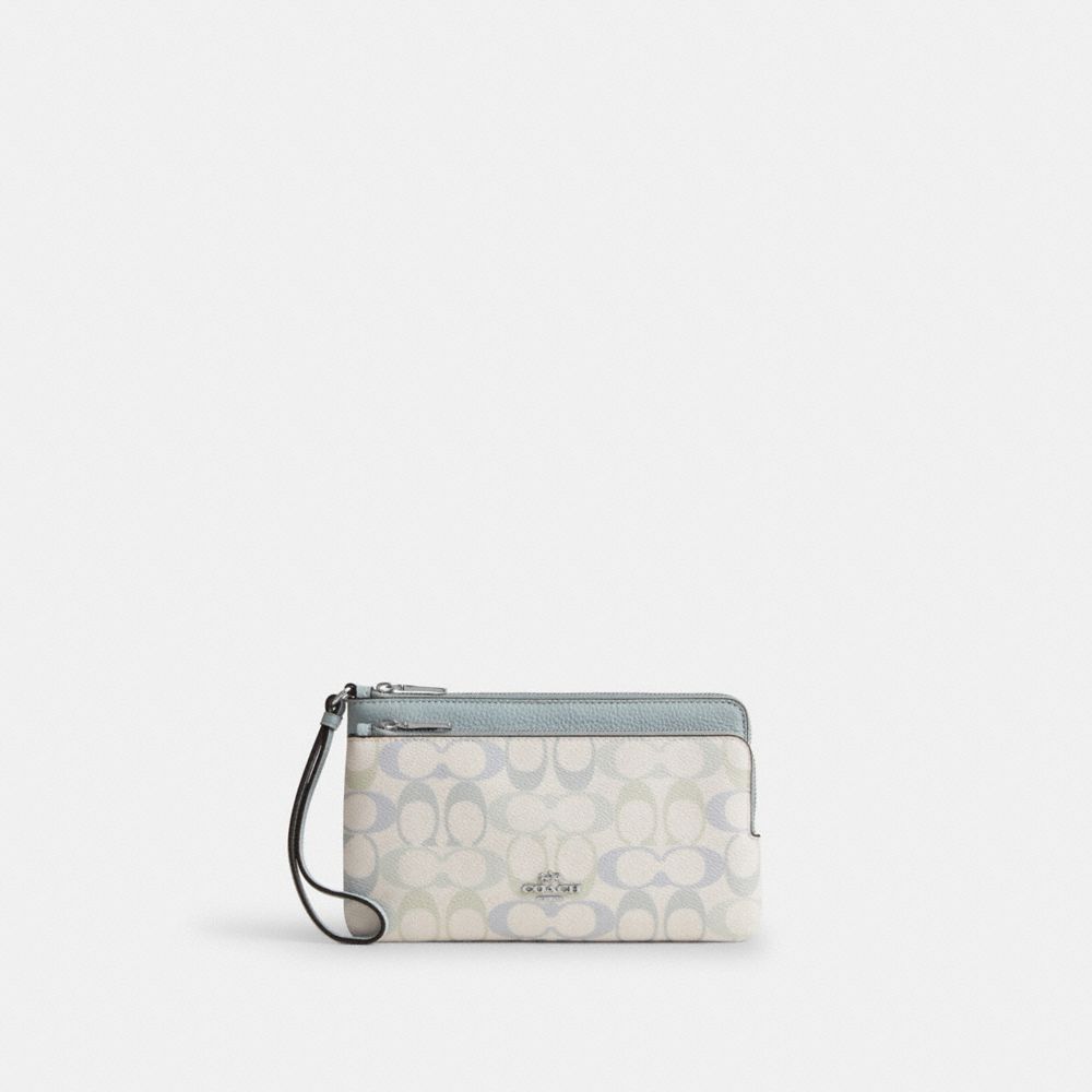 Coach Double Zip Wristlet In Signature Canvas Silver Chalk Blue