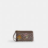 Coach Double Zip Wristlet In Signature Jacquard With Floral Embroidery Gold Oak Multi