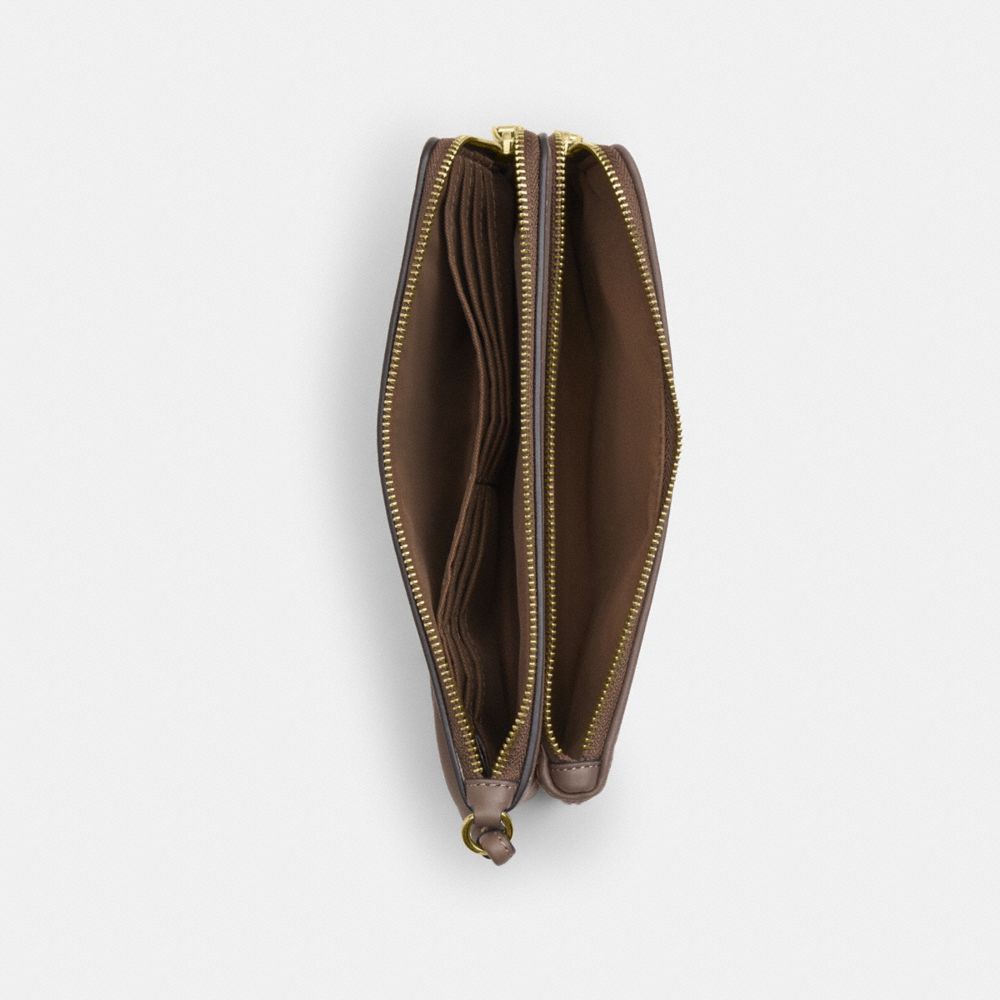 Coach Double Zip Wristlet In Signature Jacquard With Floral Embroidery Gold Oak Multi