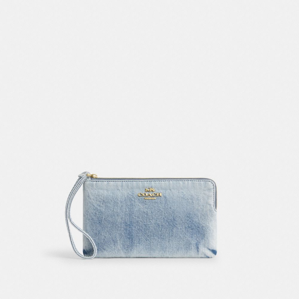 Coach Large Corner Zip Wristlet In Loved Denim Gold Light Indigo