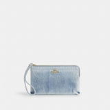 Coach Large Corner Zip Wristlet In Loved Denim Gold Light Indigo