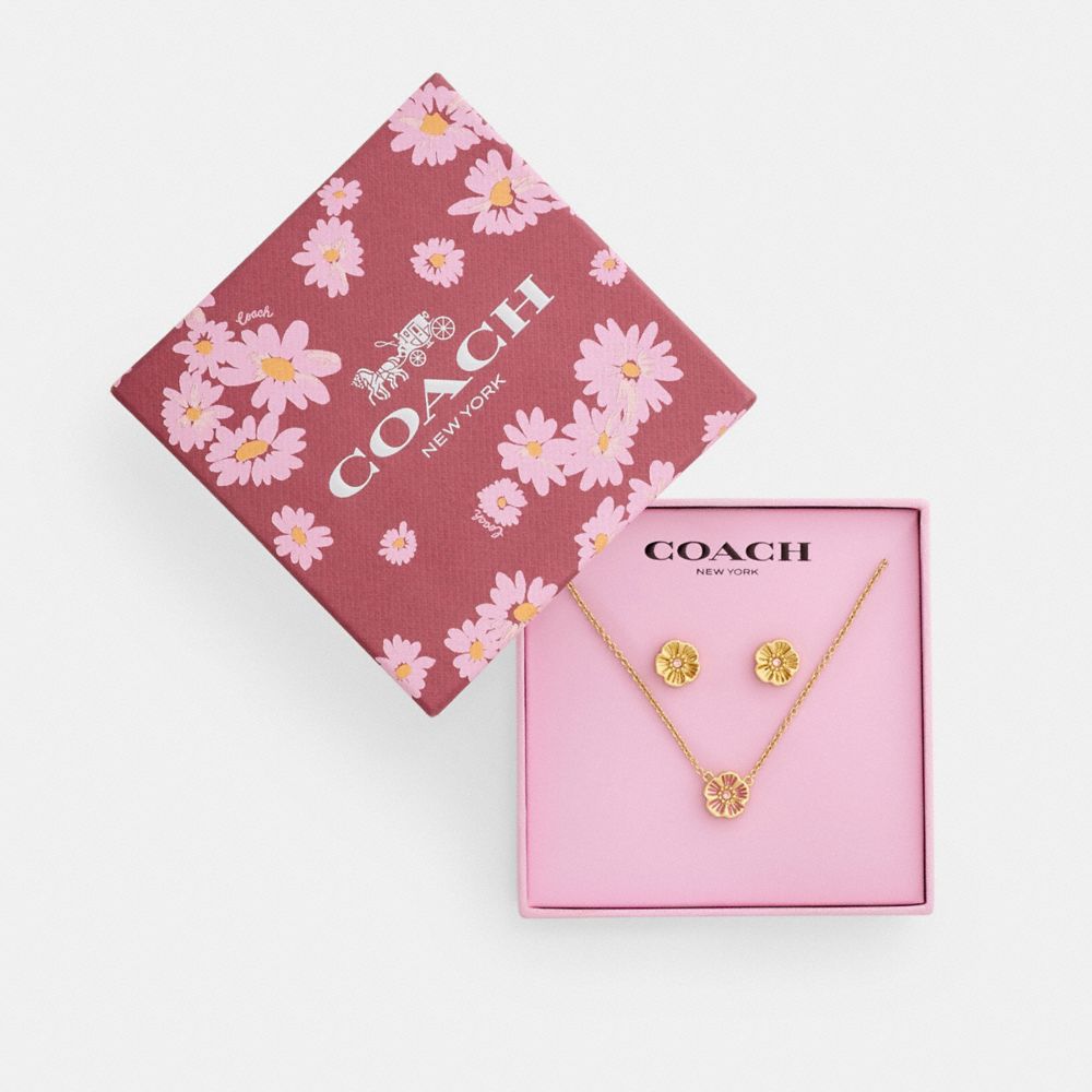 Coach Enamel Tea Rose Earrings And Necklace Set Gold Pink