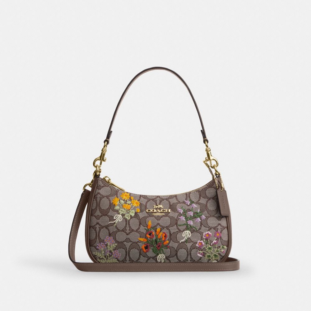 Coach Teri Shoulder Bag In Signature Jacquard With Floral Embroidery Gold Oak Multi