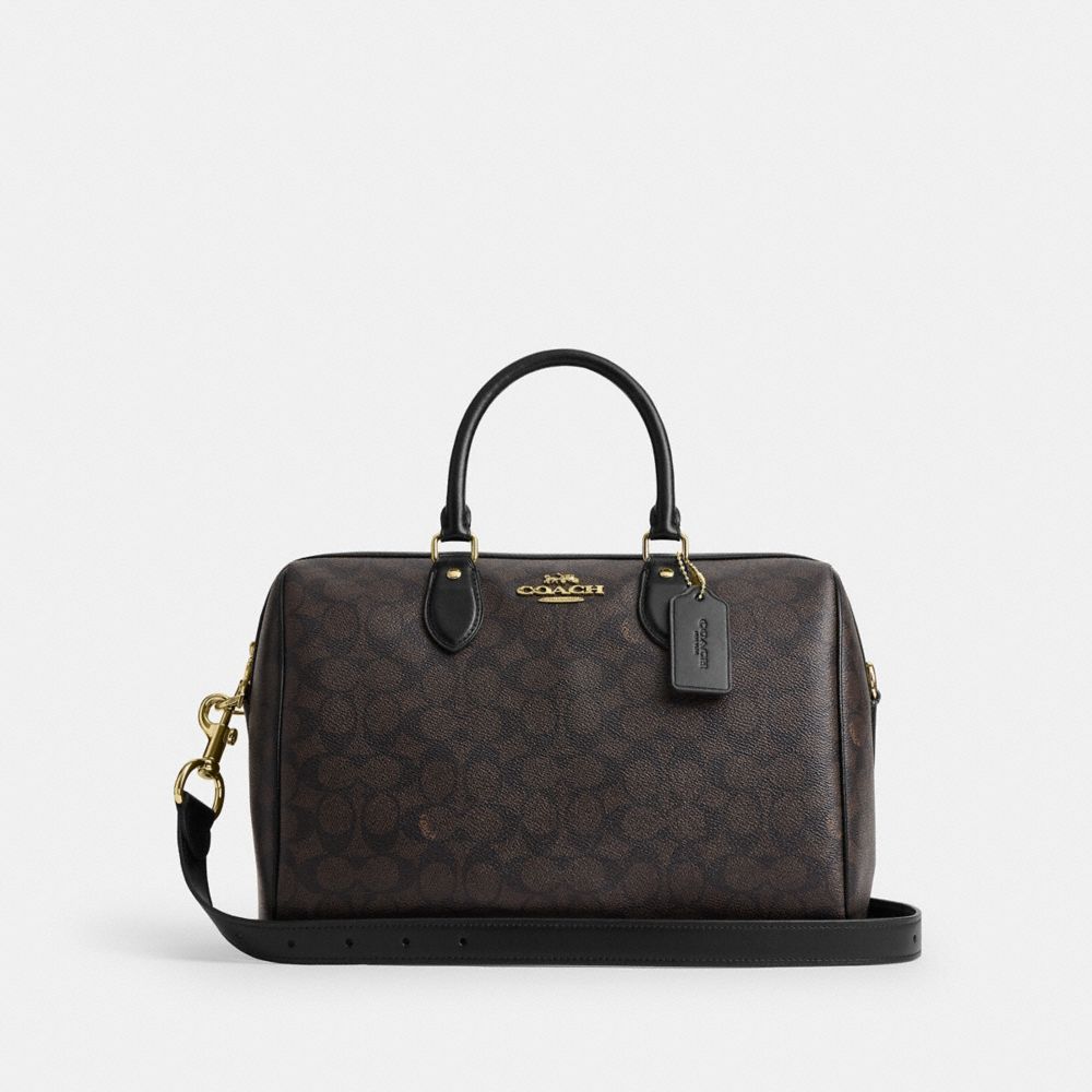 Coach Rowan Large Satchel Bag In Signature Canvas Gold Walnut Black