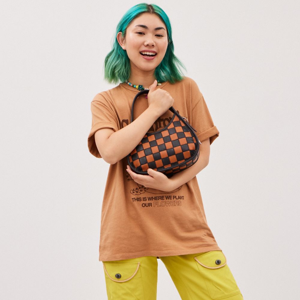 Coach Ergo Bag In Checkerboard Upcrafted Leather With Zig Zag Stitch Burnished Amber Black