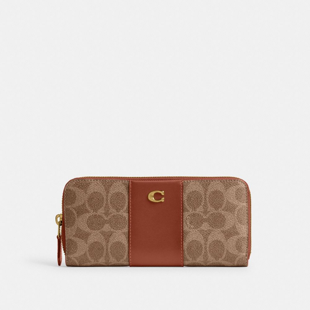 Coach Essential Slim Accordion Zip Wallet In Signature Canvas Brass Tan Caramel