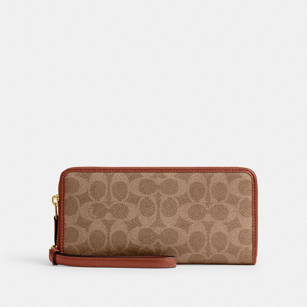 Coach Essential Continental Wallet In Signature Canvas Brass Tan Caramel